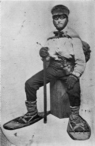 "Asaph Whittlesey dressed for his journey from Ashland to Madison, Wisconsin, to take up his seat in the state legislature. Whittlesey is attired for the long trek in winter gear including goggles, a walking staff, and snowshoes." Circa 1860. ~ Wisconsin Historical Society