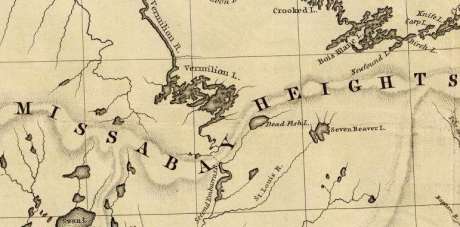 Detail of portage across Missabay Heights between Lake Vermillion and the Saint Louis River headwaters from Hydrographical Basin of the Upper Mississippi River from Astronomical and Barometrical Observations Surveys and Information by Joseph Nicolas Nicollet, 1843. ~ David Rumsey Map Collection