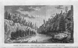 Engraving depicting the Schoolcraft expedition crossing the Ontonagon River to investigate a copper boulder. ~ Wisconsin Historical Society