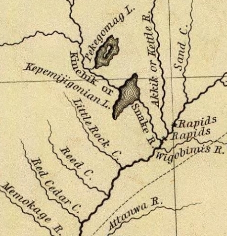 Detail of the St. Croix River with tributaries Snake River and Kettle River from Nicollet's map.