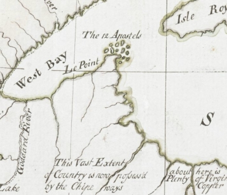 Detail of "Goddard's River," La Pointe, and Ontonagon from Carver [Jonathan], Captain. Journal of his travels with maps and drawings, 1766. ~ Boston Public Library
