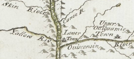 Detail of Prairie du Chien from the 1769 Map showing Jonathan Carver's travels west of the Great Lakes. ~ Boston Public Library