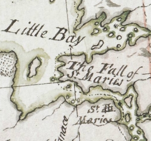 Detail of Sault Ste Marie from Carver [Jonathan], Captain. Journal of his travels with maps and drawings, 1766. ~ Boston Public Library