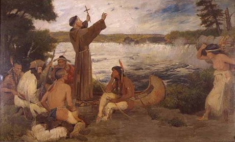 Douglas Volk painting of Father Louis Hennepin at Saint Anthony Falls. ~ Commons.Wikimedia.org