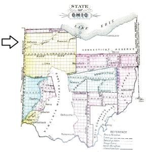 Map of Ohio including the Connecticut Western Reserve, the First Principal Meridian, and the Base Line. Drawn by Jerome S. Higgins, 1887. ~ Wikipedia.org