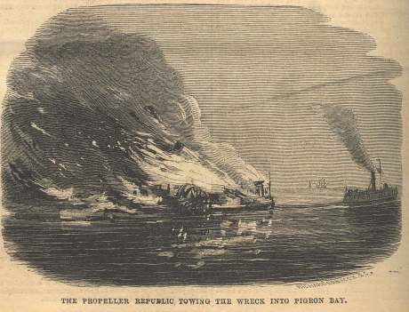 "Woodcut engraving of the propeller REPUBLIC towing the Michigan Southern Railroad Company's steamboat NORTHERN INDIANA into Pigeon Bay as she burned on Lake Erie on 17 July 1856." ~ MaritimeHistoryoftheGreatLakes.ca